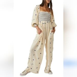 Free People Dahlia Floral Embroidered Jumpsuit "Washed Out" Ecru Gauze Sz M